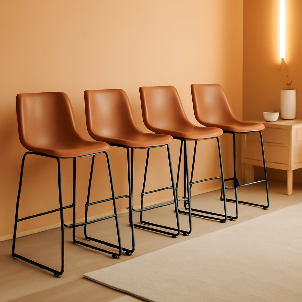 26 Inch Counter Height Bar Stools Set Of 4 With Back Brown Faux Leather And Metal Legs
