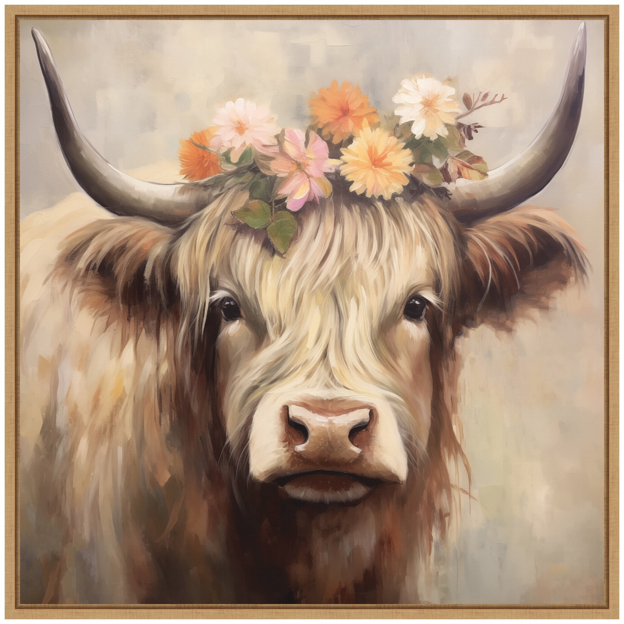 Sylvie Adorable Floral Boho Highland Cow Framed Canvas by The Creative Bunch Studio