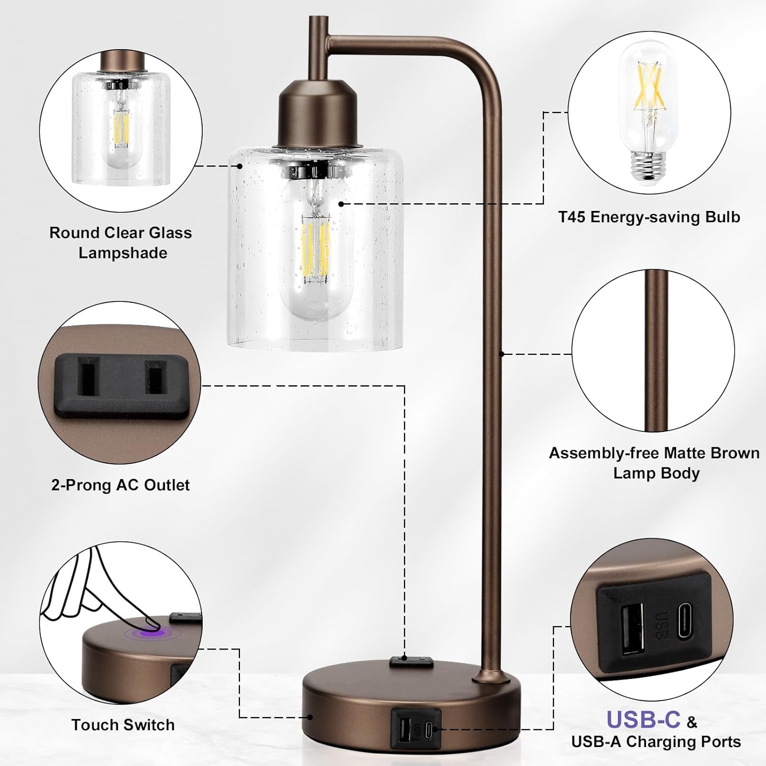 Brown Table Lamps 3-Way Dimmable With USB Ports Set Of 2