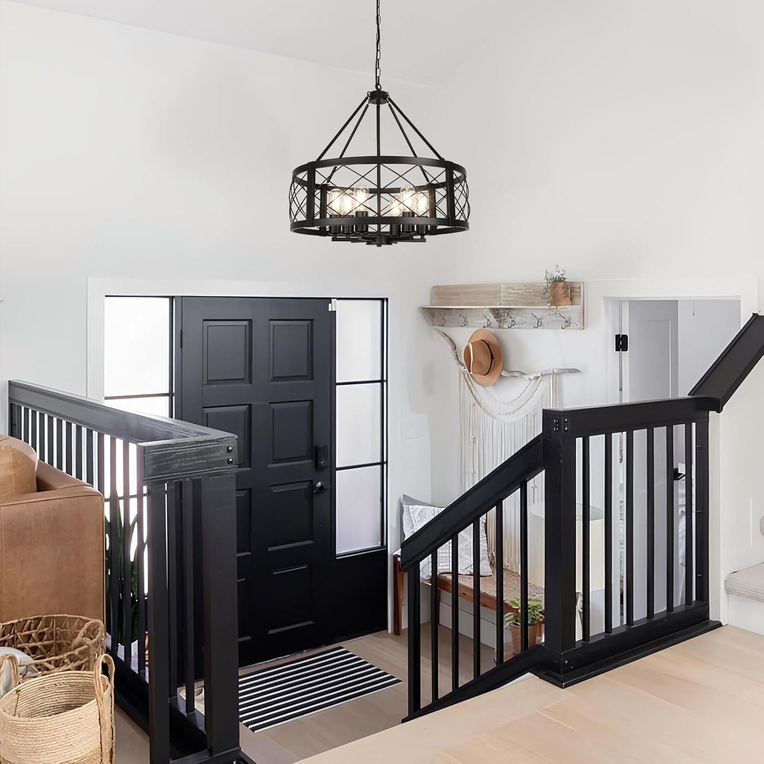 6 Light Black Rustic Drum Chandelier 22.5 Inch Dining Room-4