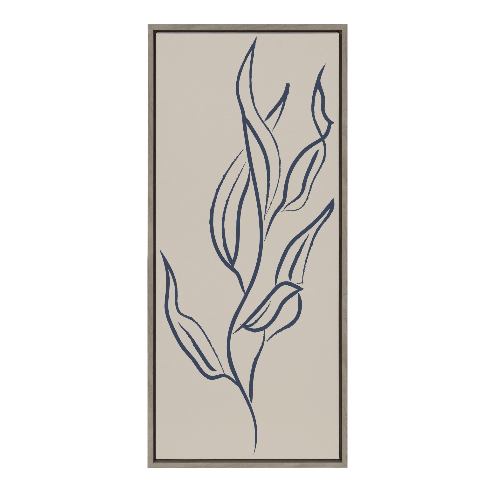 Sylvie Muted Illustrated Botanical Dark Blue and Tan Framed Canvas by The Creative Bunch Studio