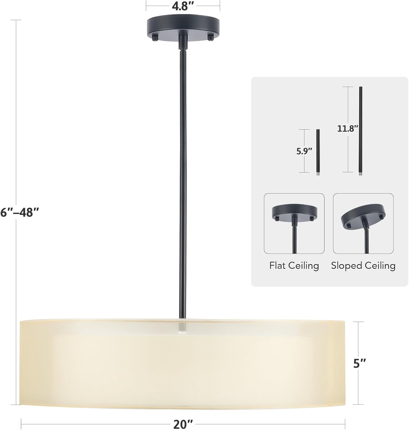 20 Inch Black Drum Pendant Light With Fabric Shade Three Light Matte Finish For Living Room