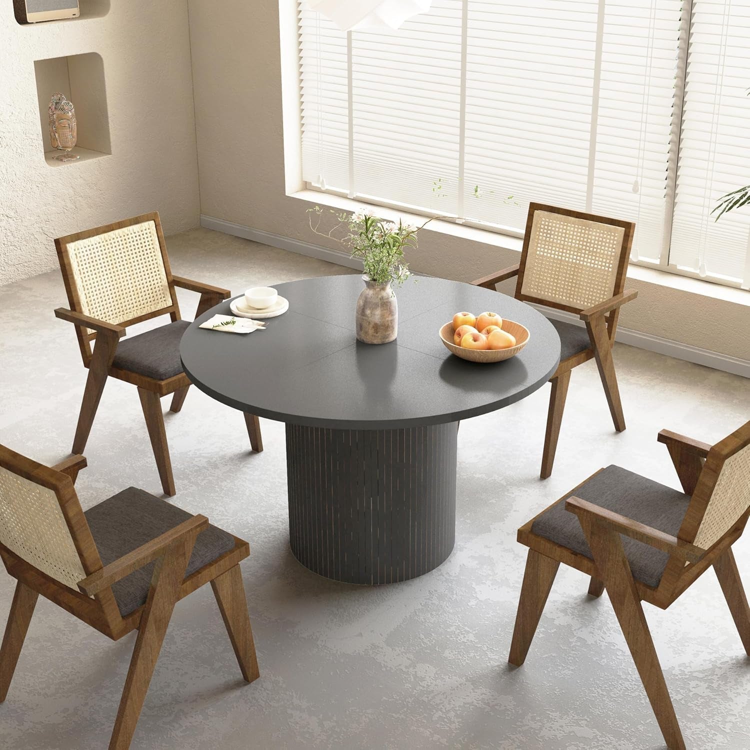 Round Dining Table For 4 47 Inch Black Wood Strip Base Kitchen Table