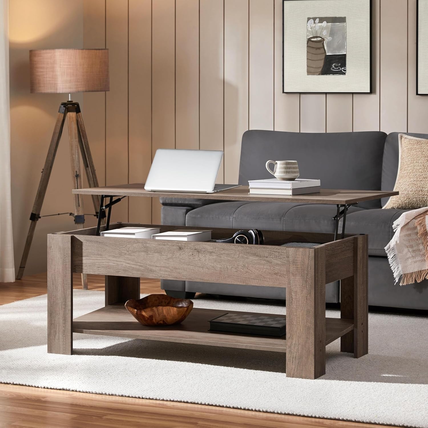 Lift Top Coffee Table With Hidden Compartment Grey