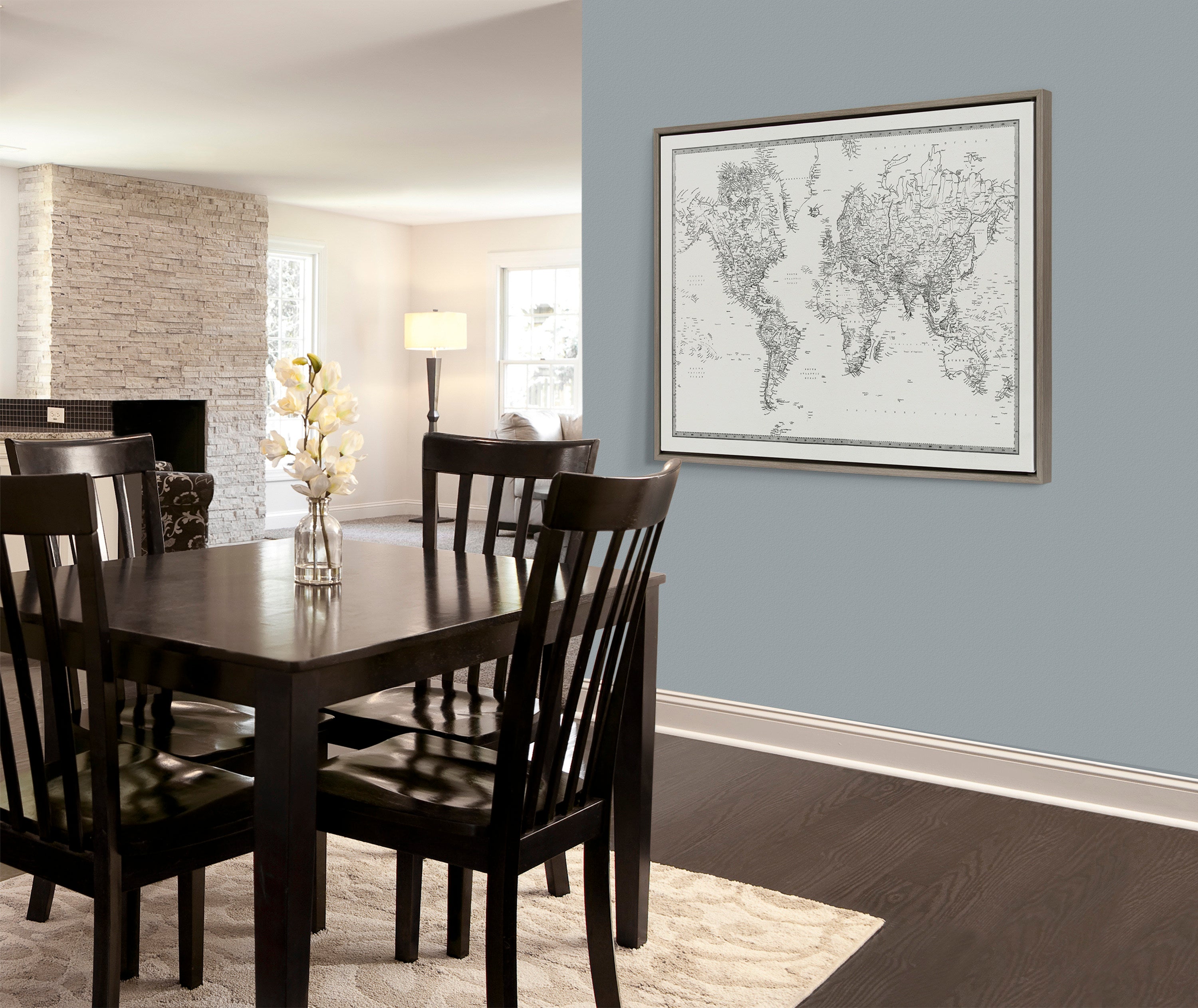 Sylvie Vintage Black and White World Map Framed Canvas by The Creative Bunch Studio