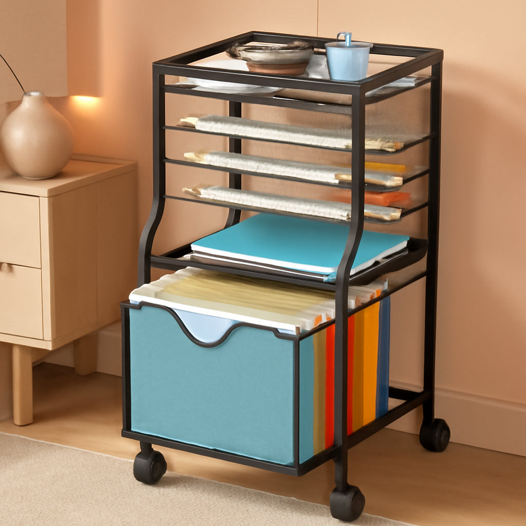 Brown Wood 6 Tier Rolling File Cart With Lockable Wheels