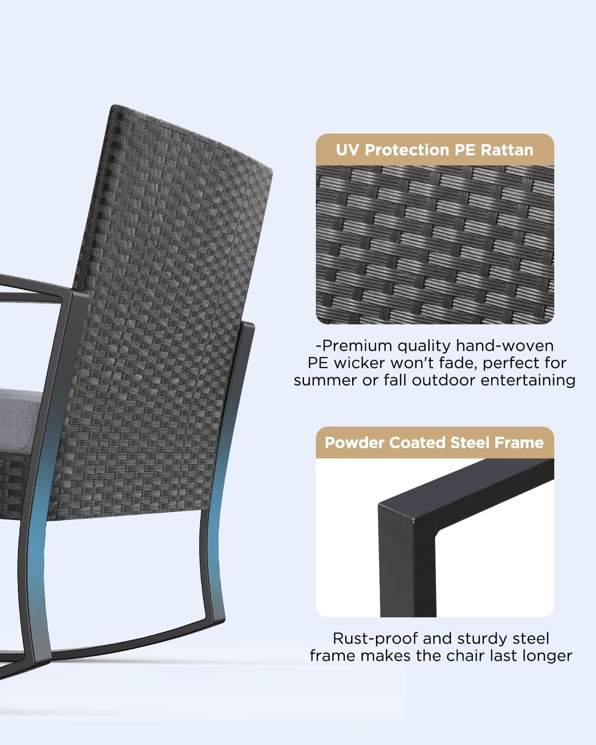 3 Piece Rattan Rocking Bistro Set With Coffee Table Outdoor Patio Furniture Grey Cushions