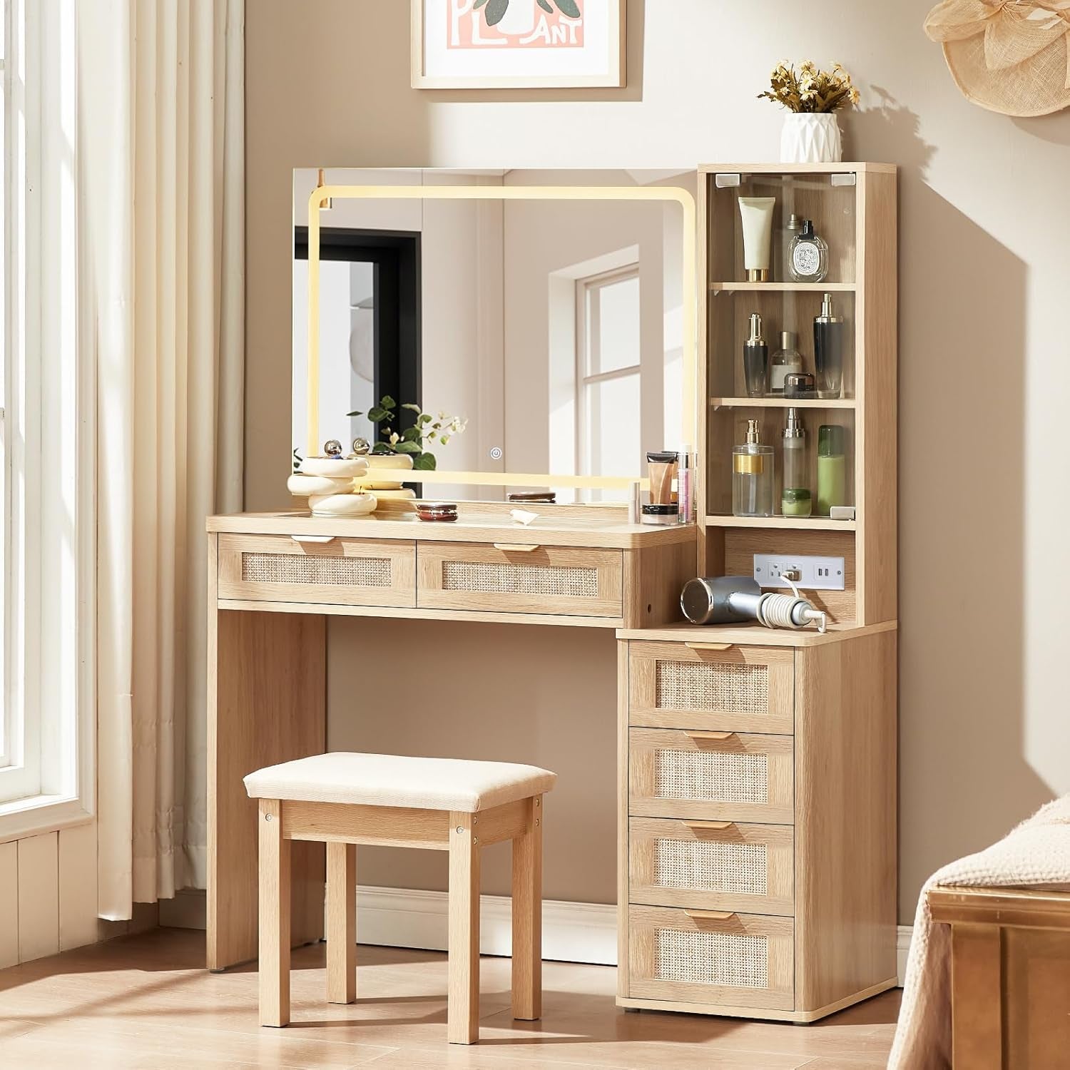 Rattan Vanity Desk Forty Three Point Five Inch GlassTop Mirror Lighting Natural Wood-1