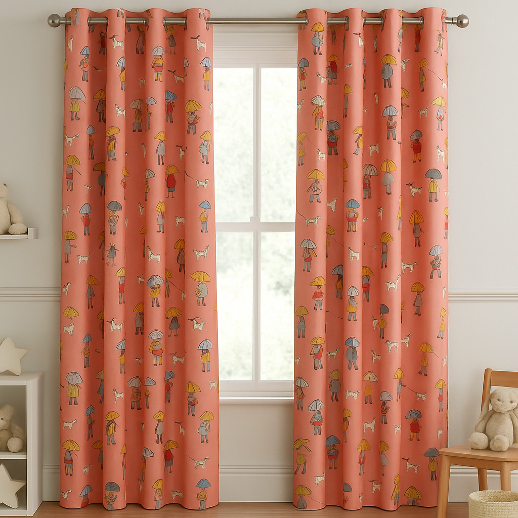 Rainy Day Cotton Kids Curtains – Coral Umbrella & Dog Walker Print, Light-Filtering or 100 % Blackout-3