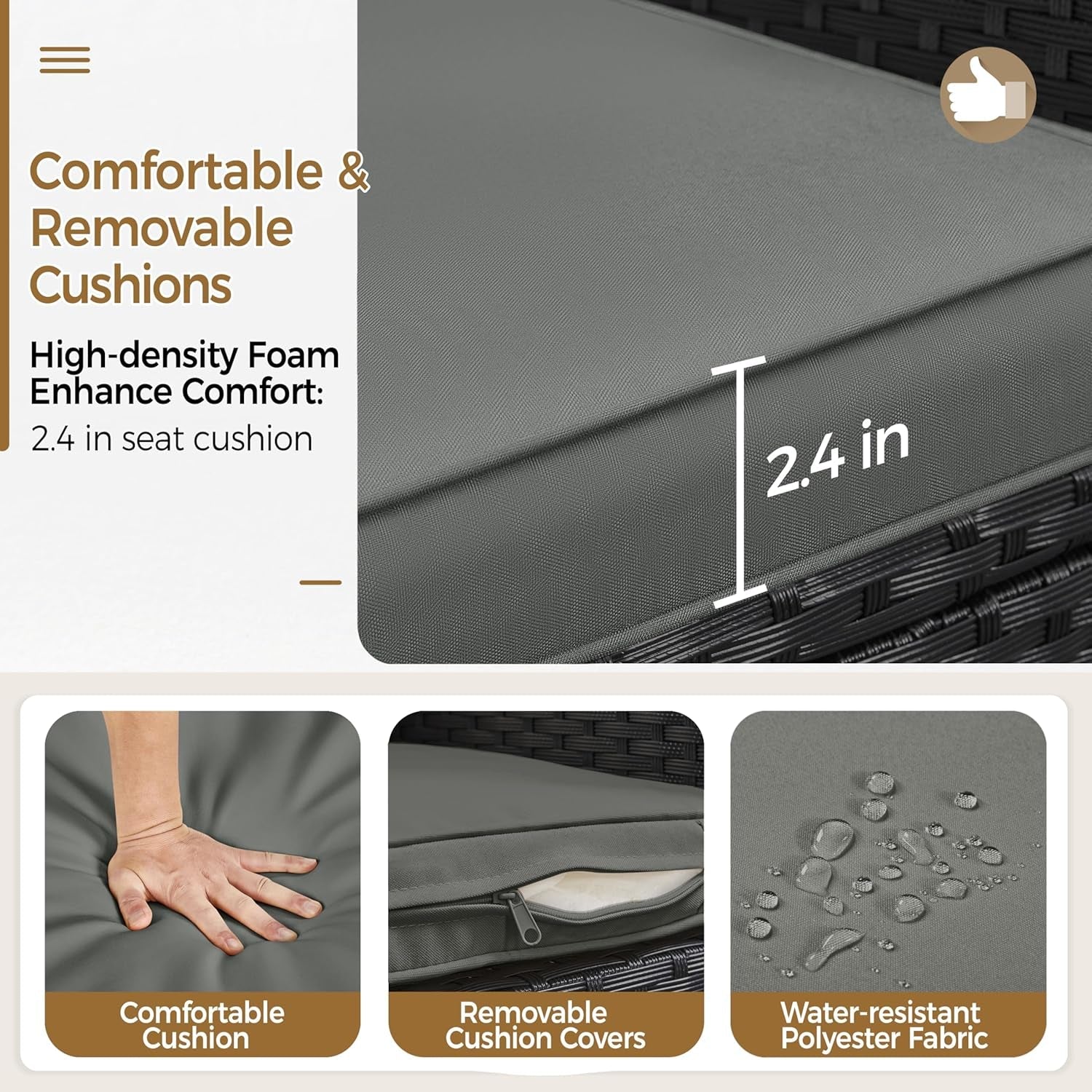 3 Piece Outdoor PE Rattan Wicker Patio Furniture Set With Soft Cushions And Glass Coffee Table