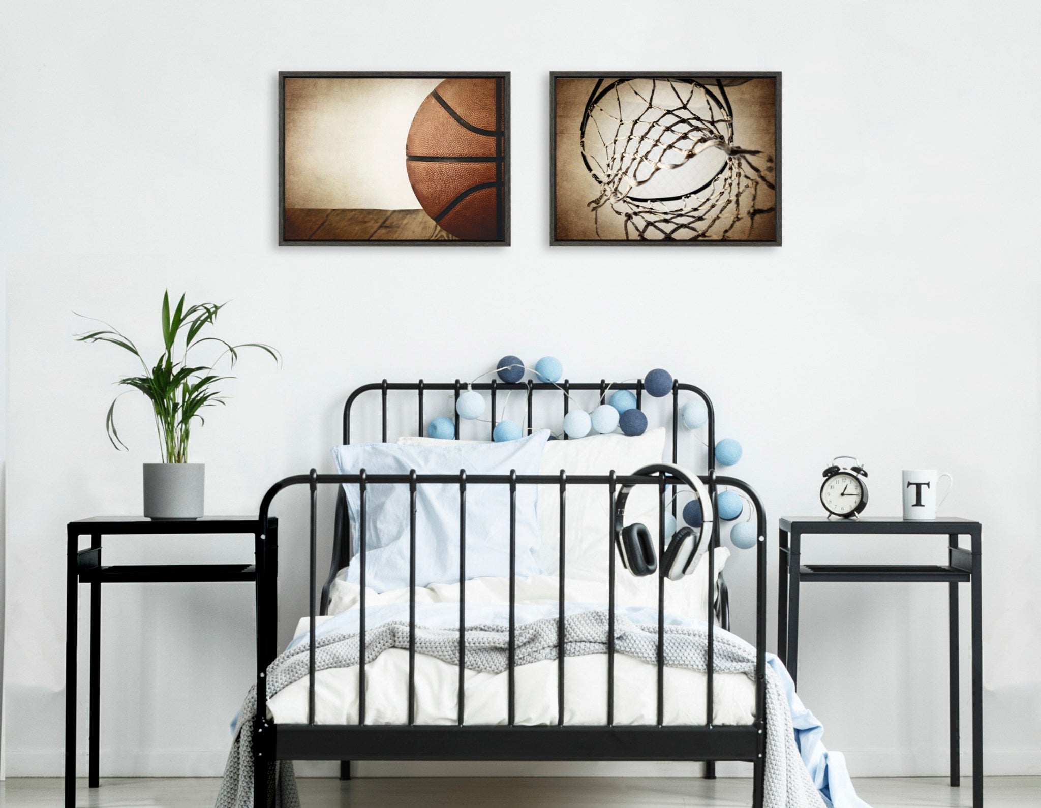 Sylvie Vintage Half Basketball and Vintage Basketball Net Framed Canvas Art Set by Saint and Sailor Studios