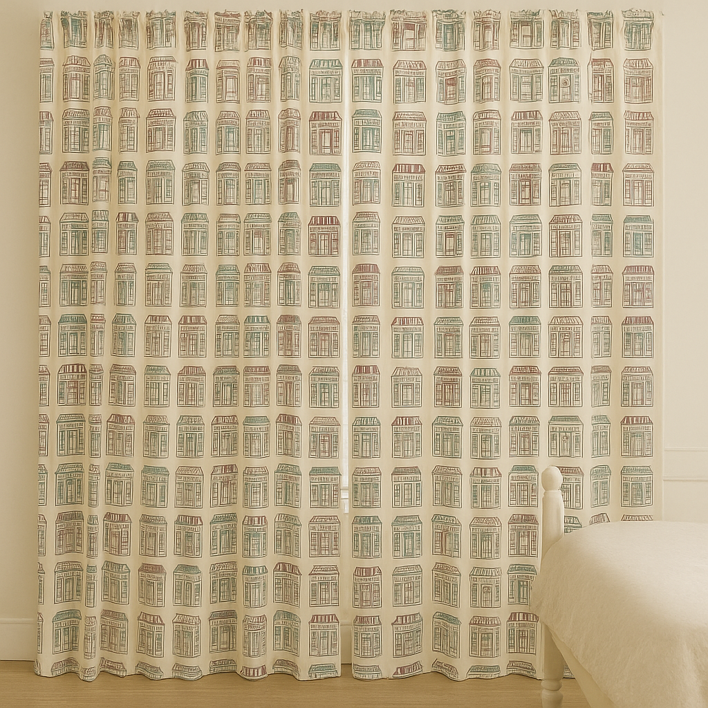 Sweet Shop Street Cotton Kids Curtains – Sketch Shopfront Print Drapes, Light-Filtering or 100 % Blackout | Made to Measure-1