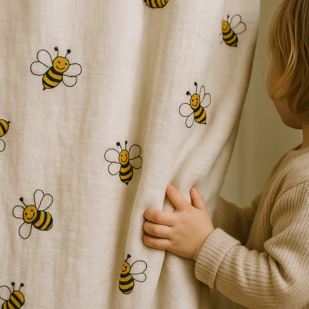 Embroidered Bee Pure Linen Curtain for Kids Room – Custom Size Available – Light Filtering & Blackout Options – Single or Pair – OEKO-TEX Certified-0