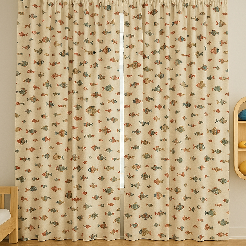 Colourful Fish-Print Cotton Kids Curtains – Coastal Nursery Drapes, Light-Filtering or 100 % Blackout-4