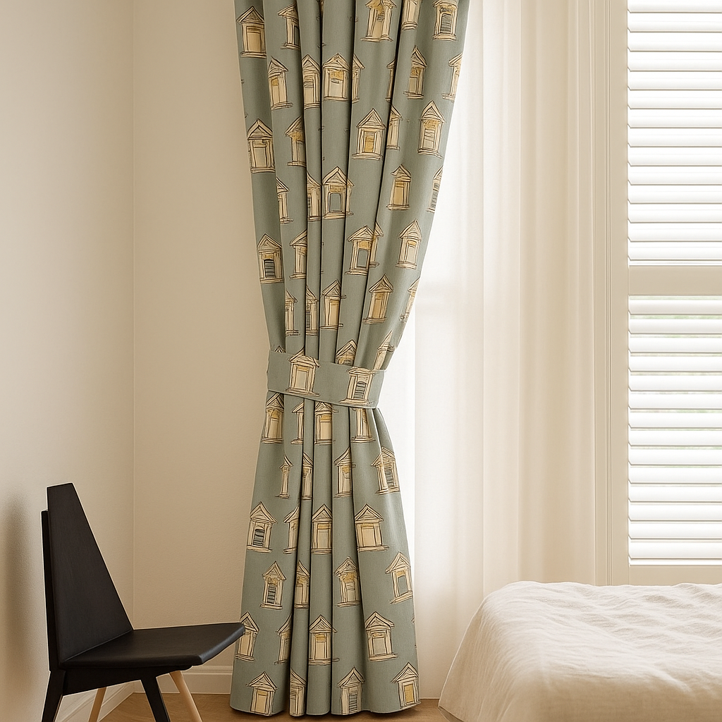 Window-Print Cotton Kids Curtains – Teal Architectural Drapes, Light-Filtering or 100 % Blackout | Made-to-Measure-1