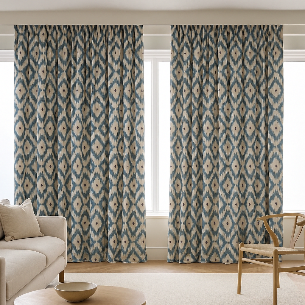 Ikat Print Cotton Linen Curtains – Teal Pink, Blue Taupe, Grey Ochre – Blackout or Light Filtering – Custom Sizes – Rod or Track Compatible-4