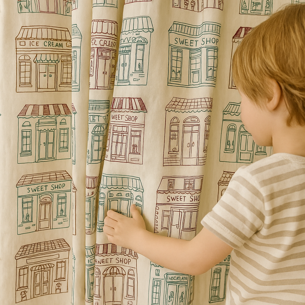 Sweet Shop Street Cotton Kids Curtains – Sketch Shopfront Print Drapes, Light-Filtering or 100 % Blackout | Made to Measure-0