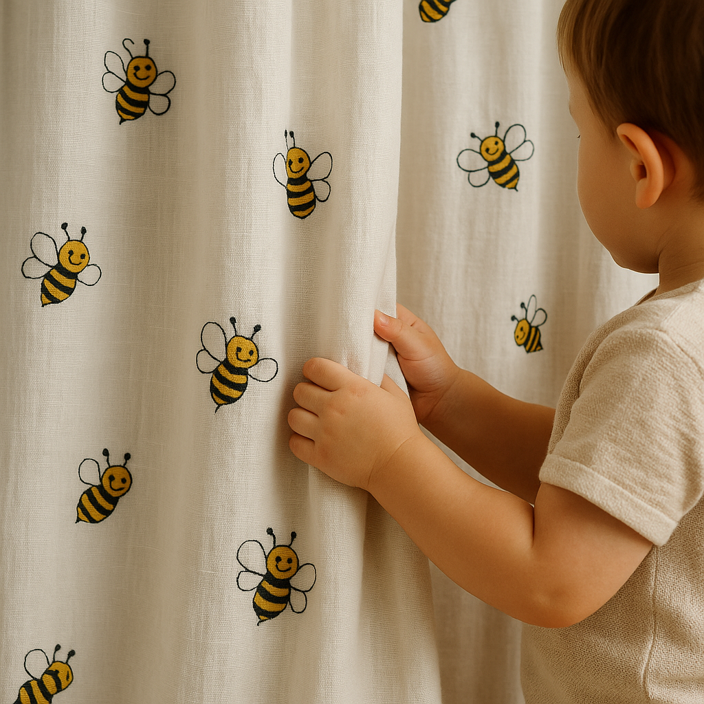 Embroidered Bee Pure Linen Curtain for Kids Room – Custom Size Available – Light Filtering & Blackout Options – Single or Pair – OEKO-TEX Certified-1
