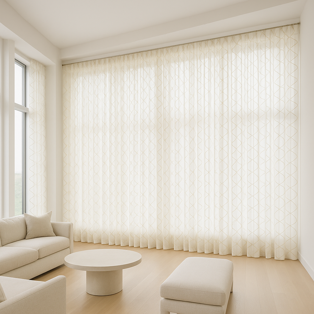 Pure Linen Sheer Curtains with Geometric Embroidered Lattice – Light Filtering Privacy Drapes – Custom Sizes – OEKO-TEX Certified-1