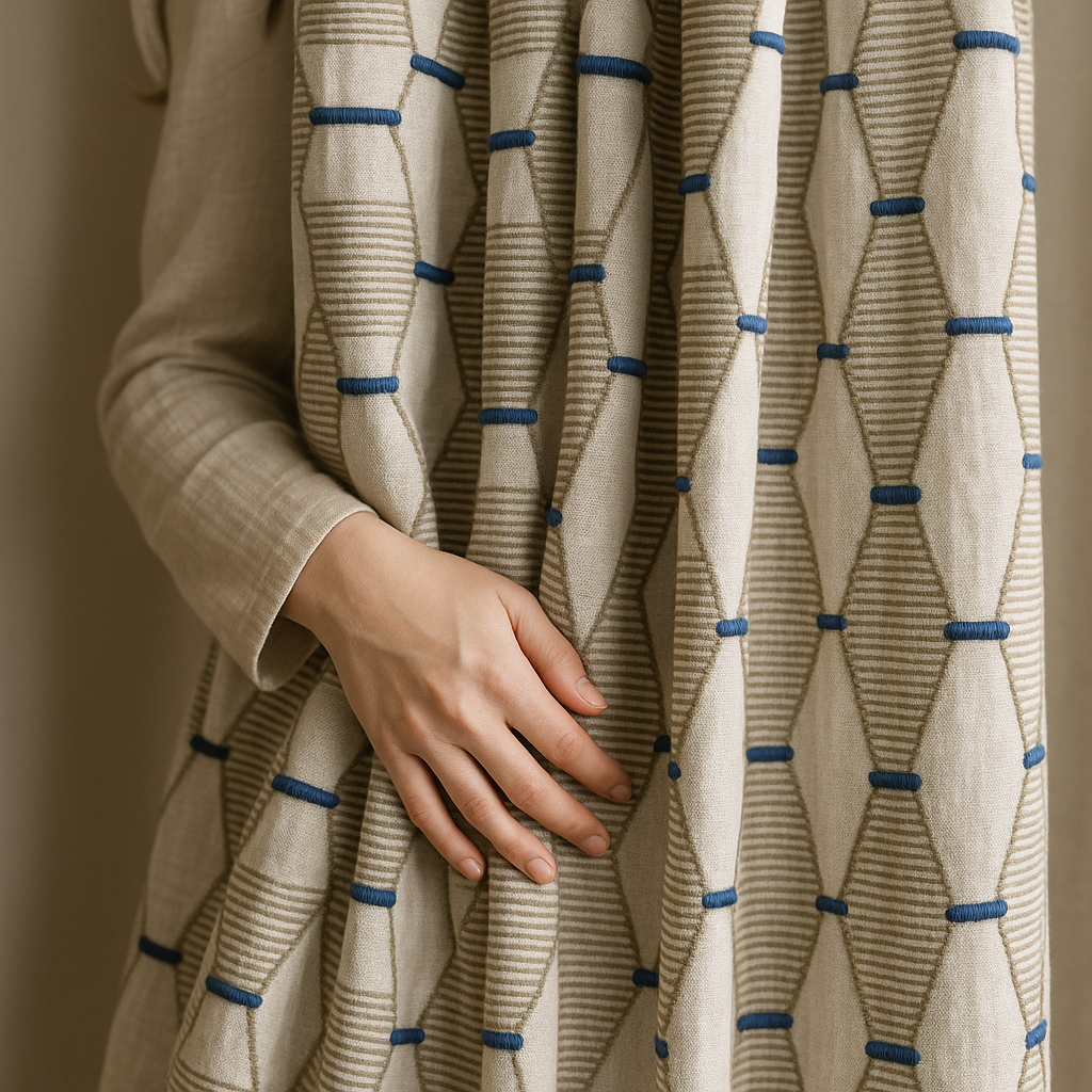 Luxury HexaTrellis Geometric Embroidered GOTS Linen Curtains – Made-to-Measure | Blackout & Light-Filtering-0