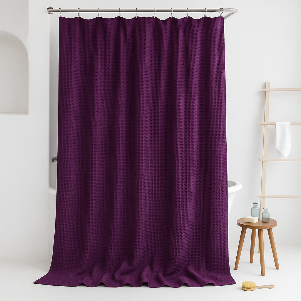 100% Pure Cotton Waffle Weave Shower Curtain – Plum Purple Spa-Style (Customisable Sizes)-0