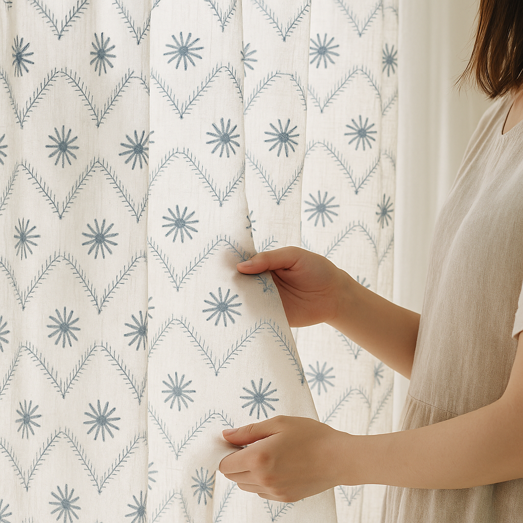 Pure Linen Sheer Embroidered Curtain – Custom Size Privacy Panel – OEKO-TEX Certified – 5 Colours – Rod & Track Compatible-4