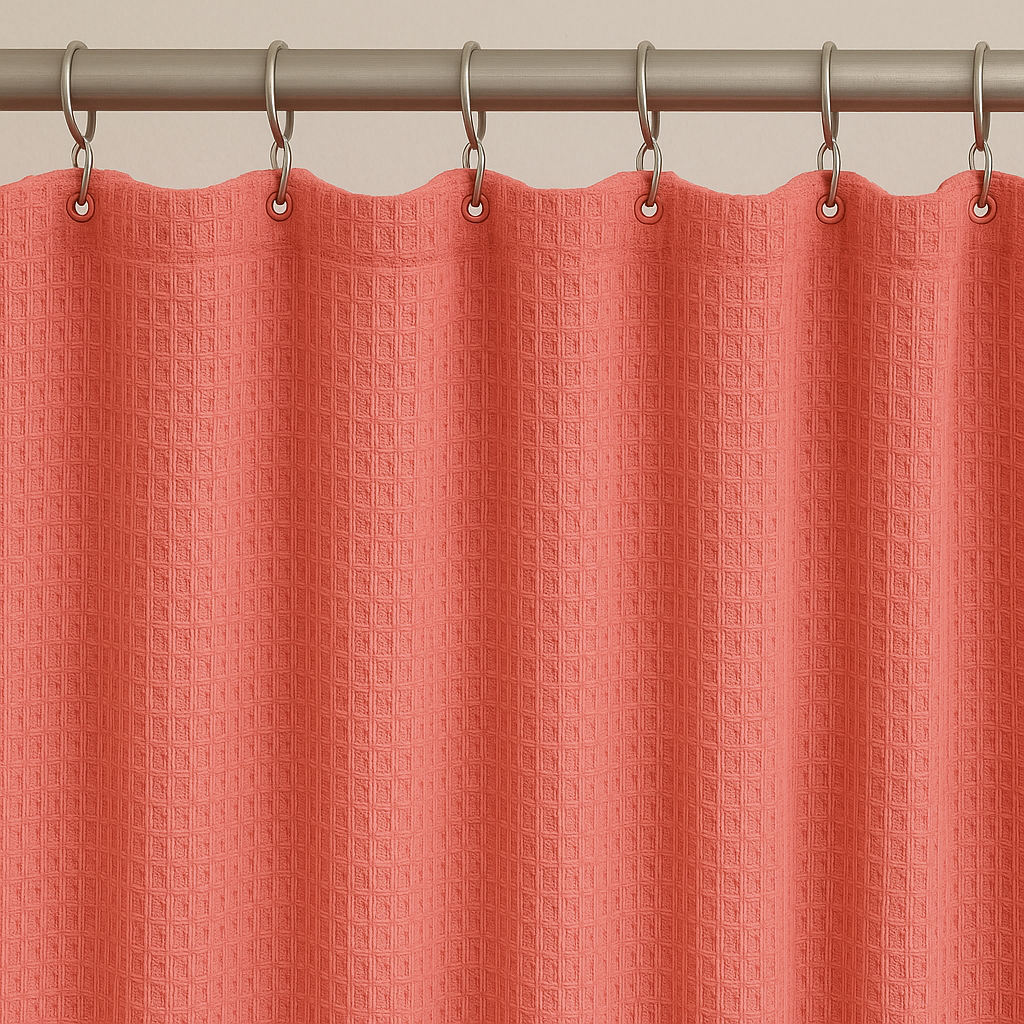 Coral-Pink Pure Cotton Waffle-Weave Shower Curtain – Extra-Wide, Extra-Tall & Made-to-Measure | Machine-Washable Bathroom Curtain-2