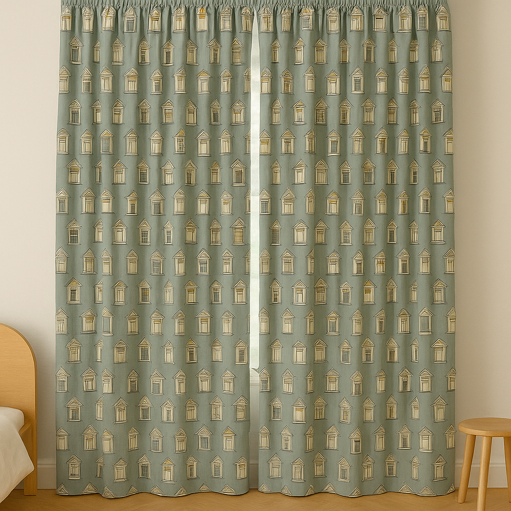Window-Print Cotton Kids Curtains – Teal Architectural Drapes, Light-Filtering or 100 % Blackout | Made-to-Measure-3