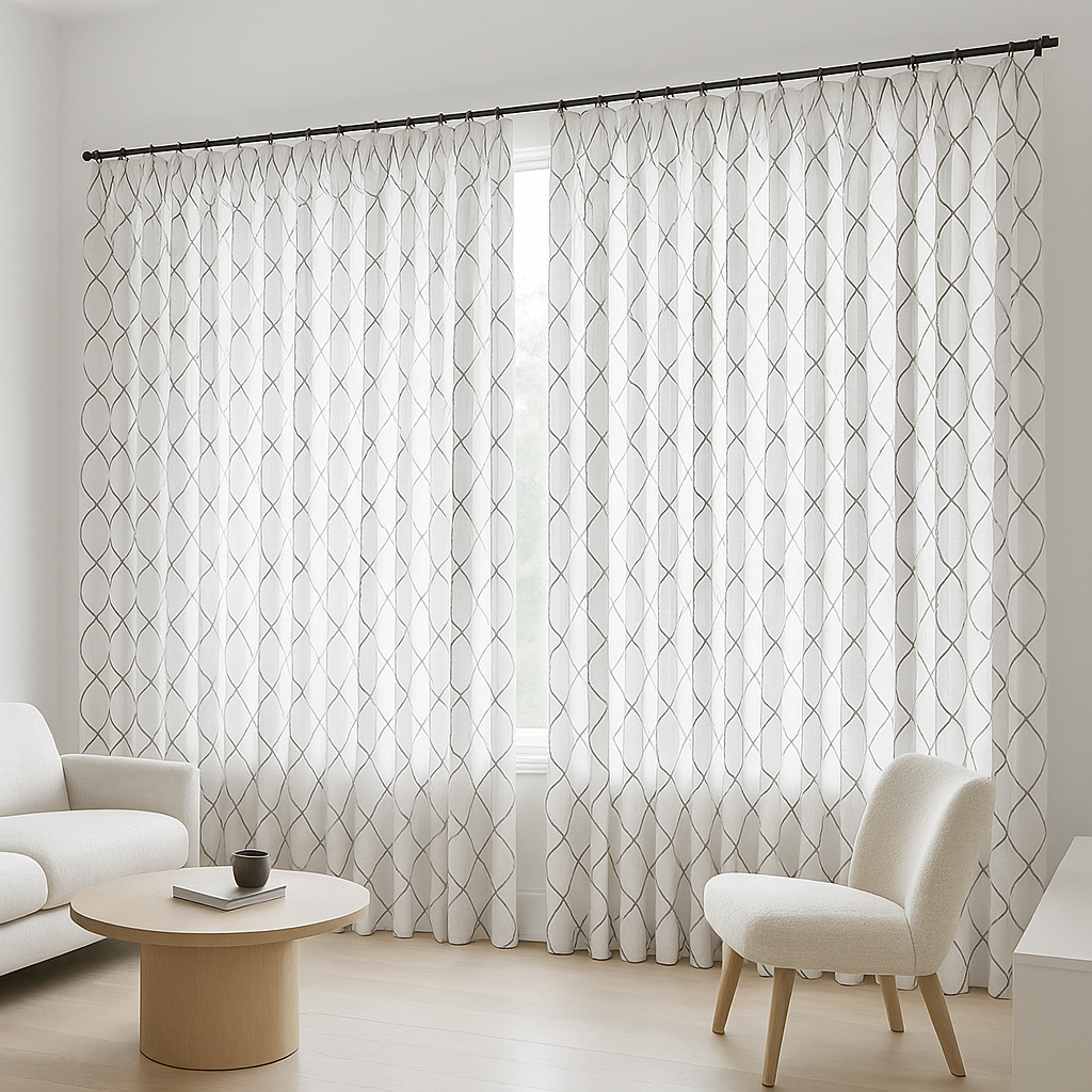Pure Linen Sheer Curtains with Geometric Embroidered Lattice – Light Filtering Privacy Drapes – Custom Sizes – OEKO-TEX Certified-4
