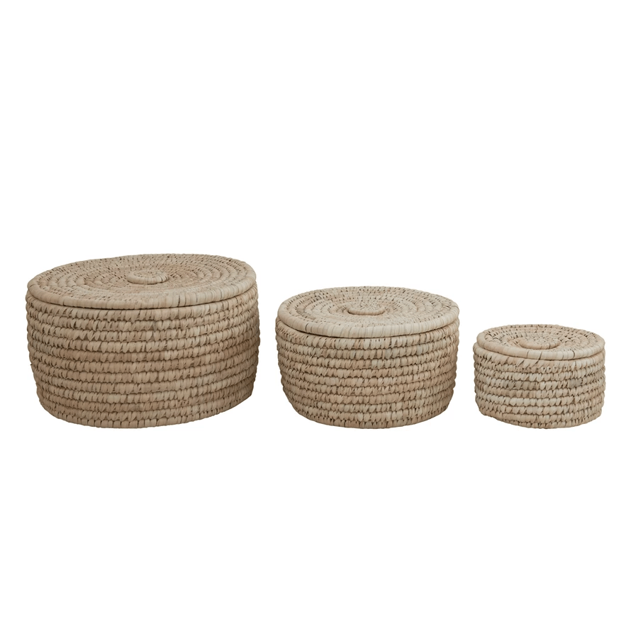 Hand-Woven Storage Baskets with Lids, Set of 3