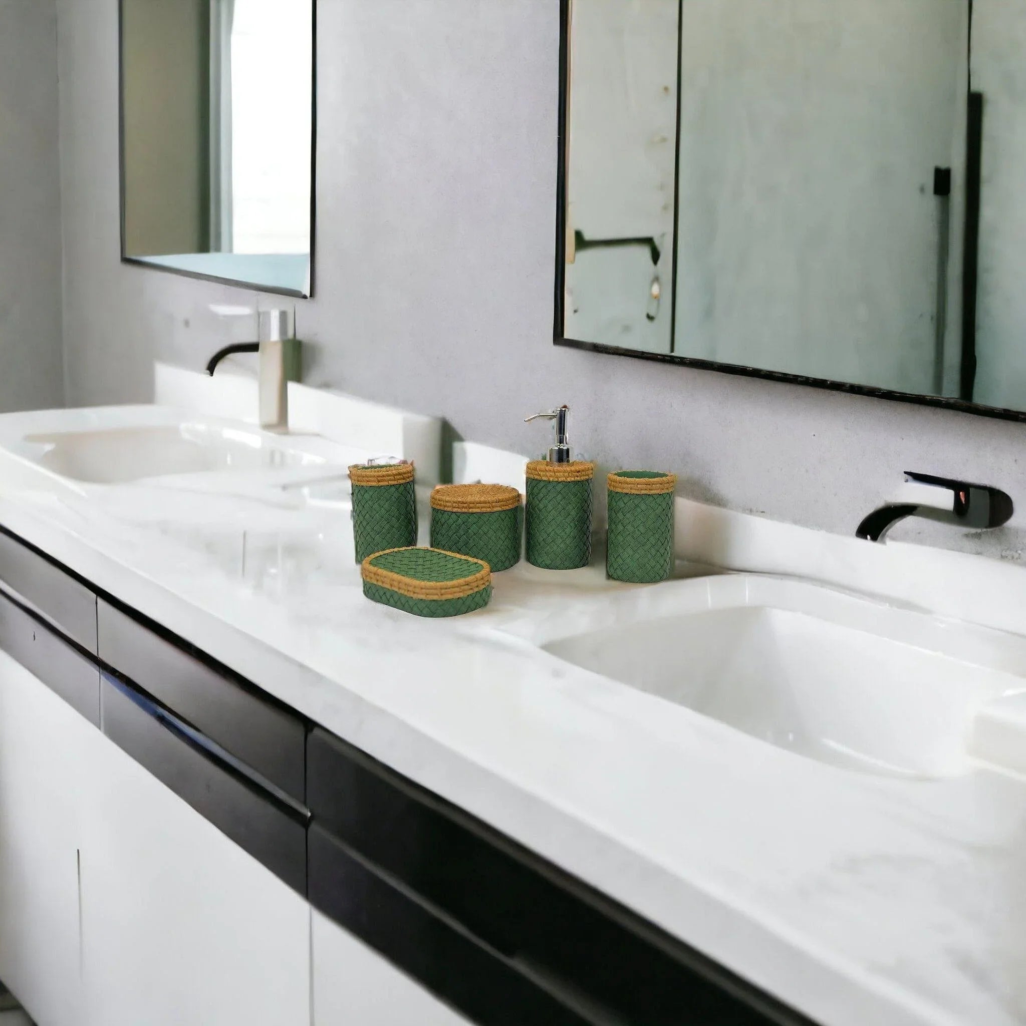 Five Piece Bathroom Set in Green and Beige Colors