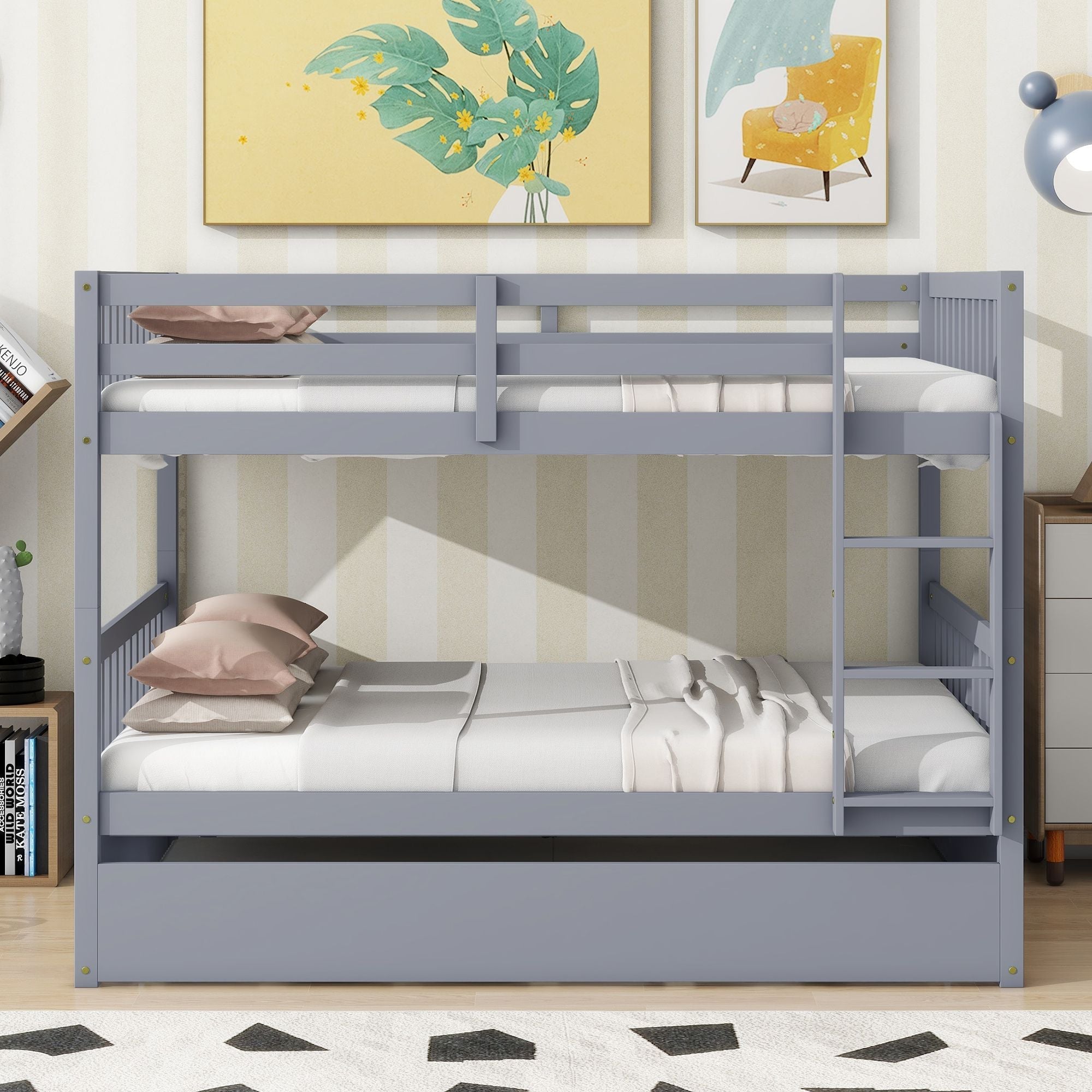 Flexible Full Over Full Wood Bunk Bed with Twin Trundle and Ladder, Grey | Just Better Bunk Beds