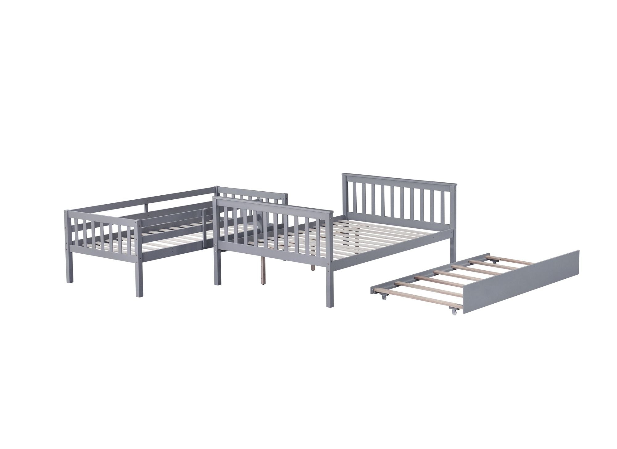 Flexible Full Over Full Wood Bunk Bed with Twin Trundle and Ladder, Grey | Just Better Bunk Beds
