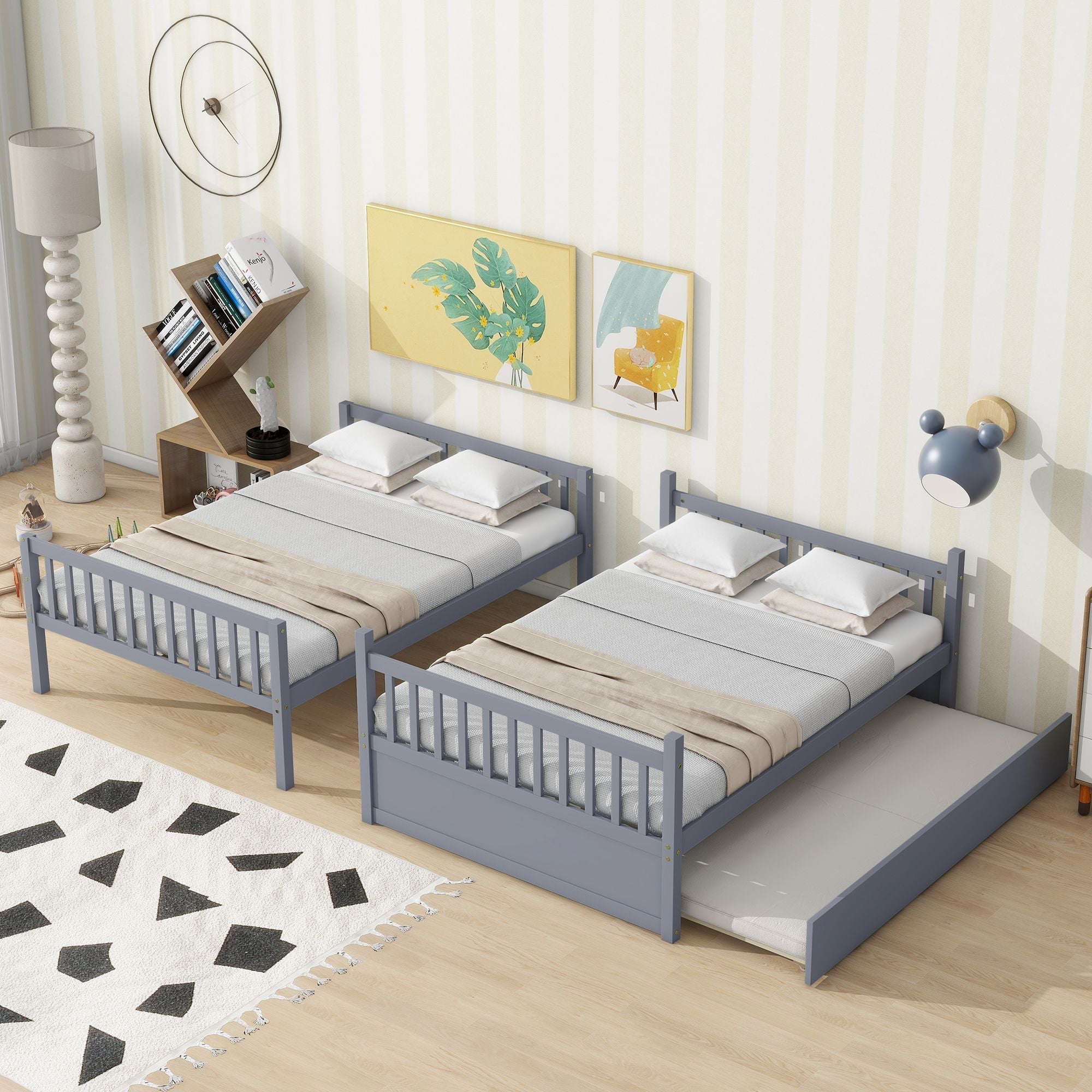 Flexible Full Over Full Wood Bunk Bed with Twin Trundle and Ladder, Grey | Just Better Bunk Beds
