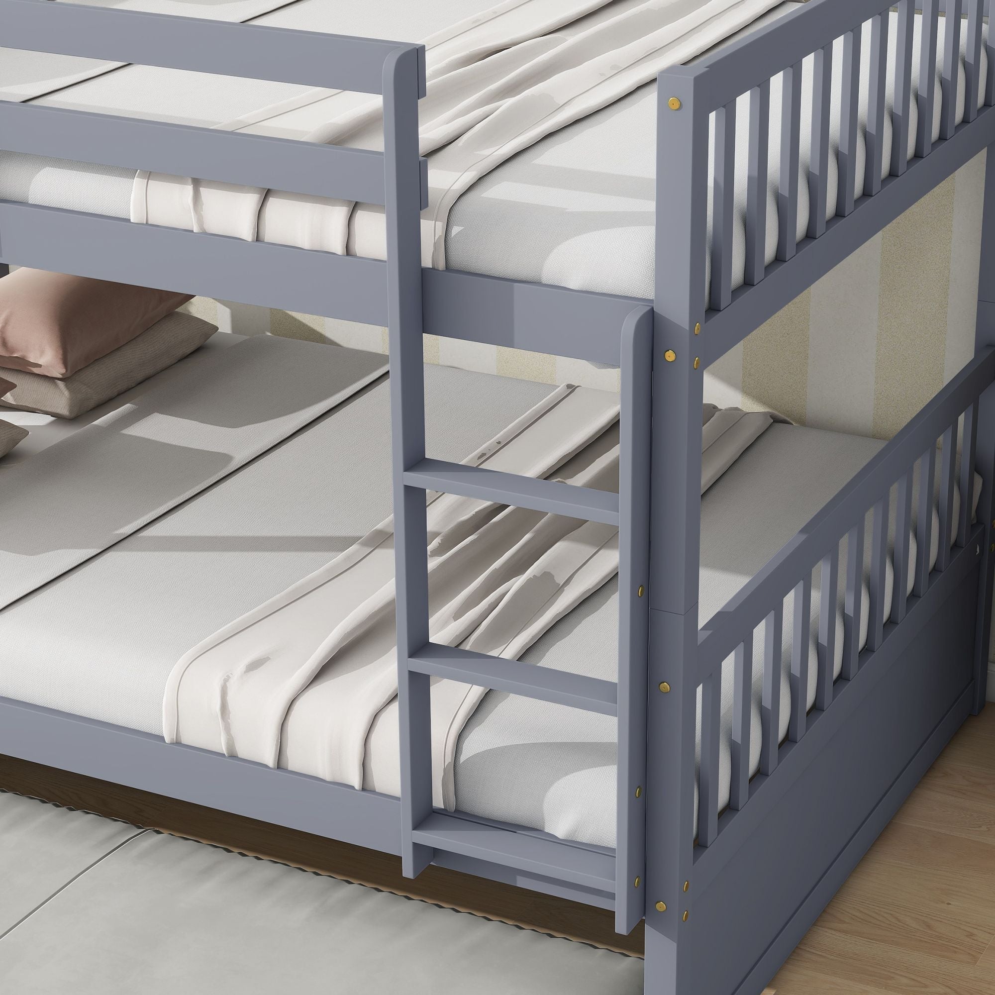 Flexible Full Over Full Wood Bunk Bed with Twin Trundle and Ladder, Grey | Just Better Bunk Beds