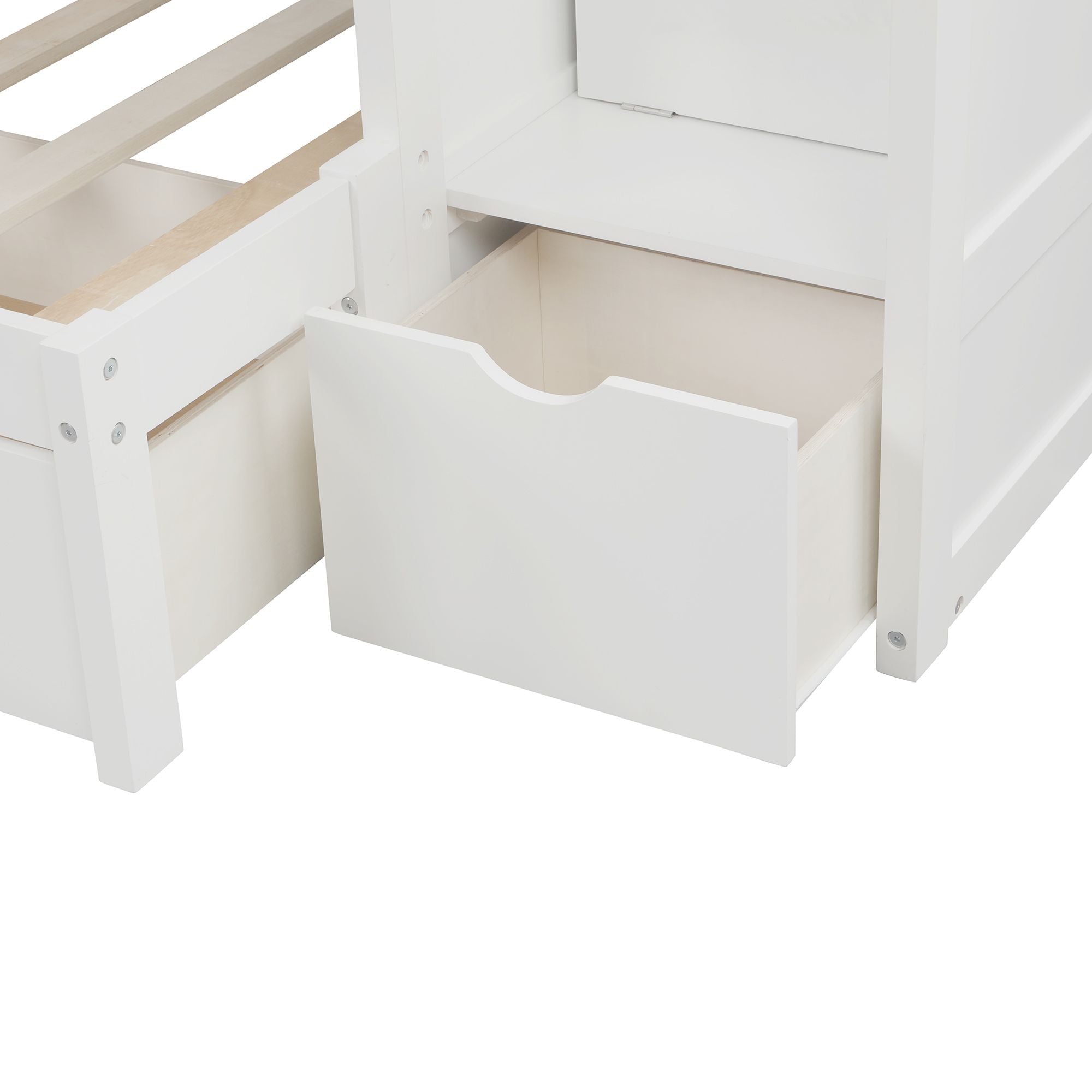 Flexible Twin over Full Convertible Wood Bunk Bed with Storage Shelves and Drawers White | Just Better Bunk Beds