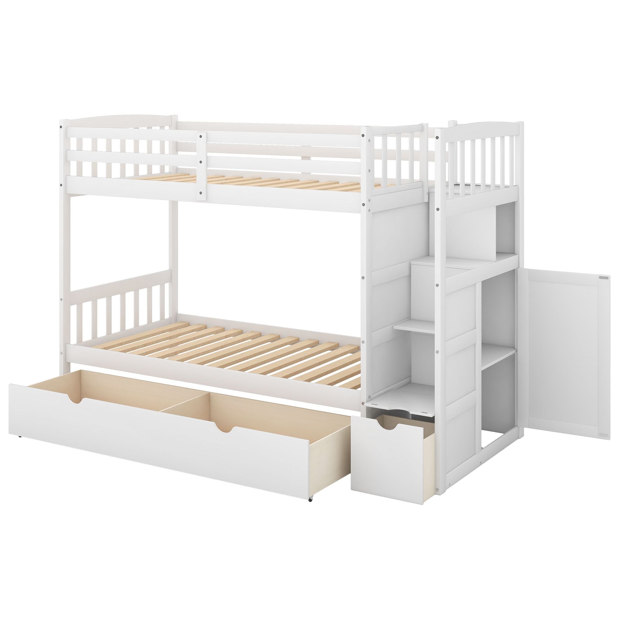Flexible Twin over Full Convertible Wood Bunk Bed with Storage Shelves and Drawers White | Just Better Bunk Beds