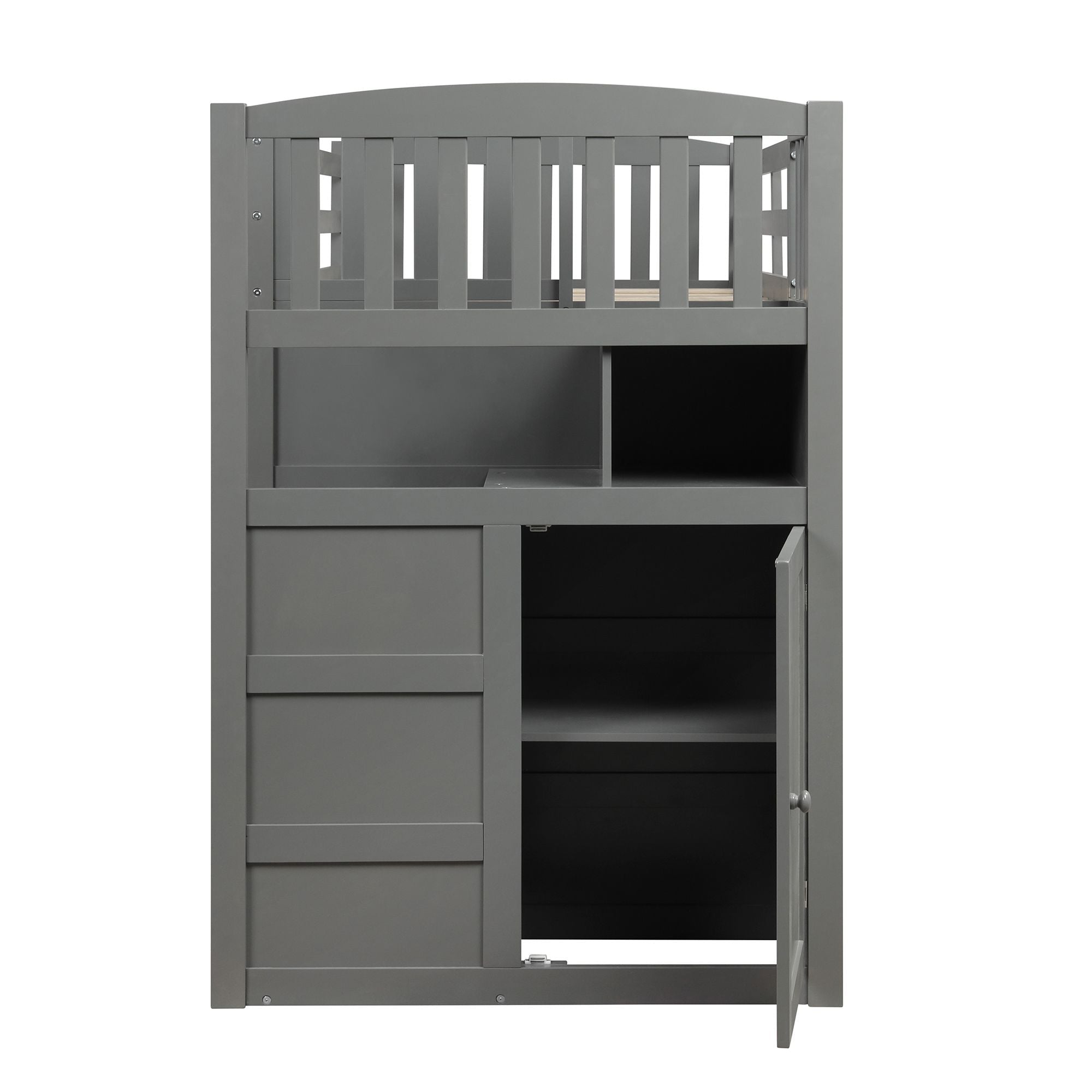 Flexible Twin Over Full/Twin Wood Bunk Bed with Storage Shelves and Drawers, Gray | Just Better Bunk Beds