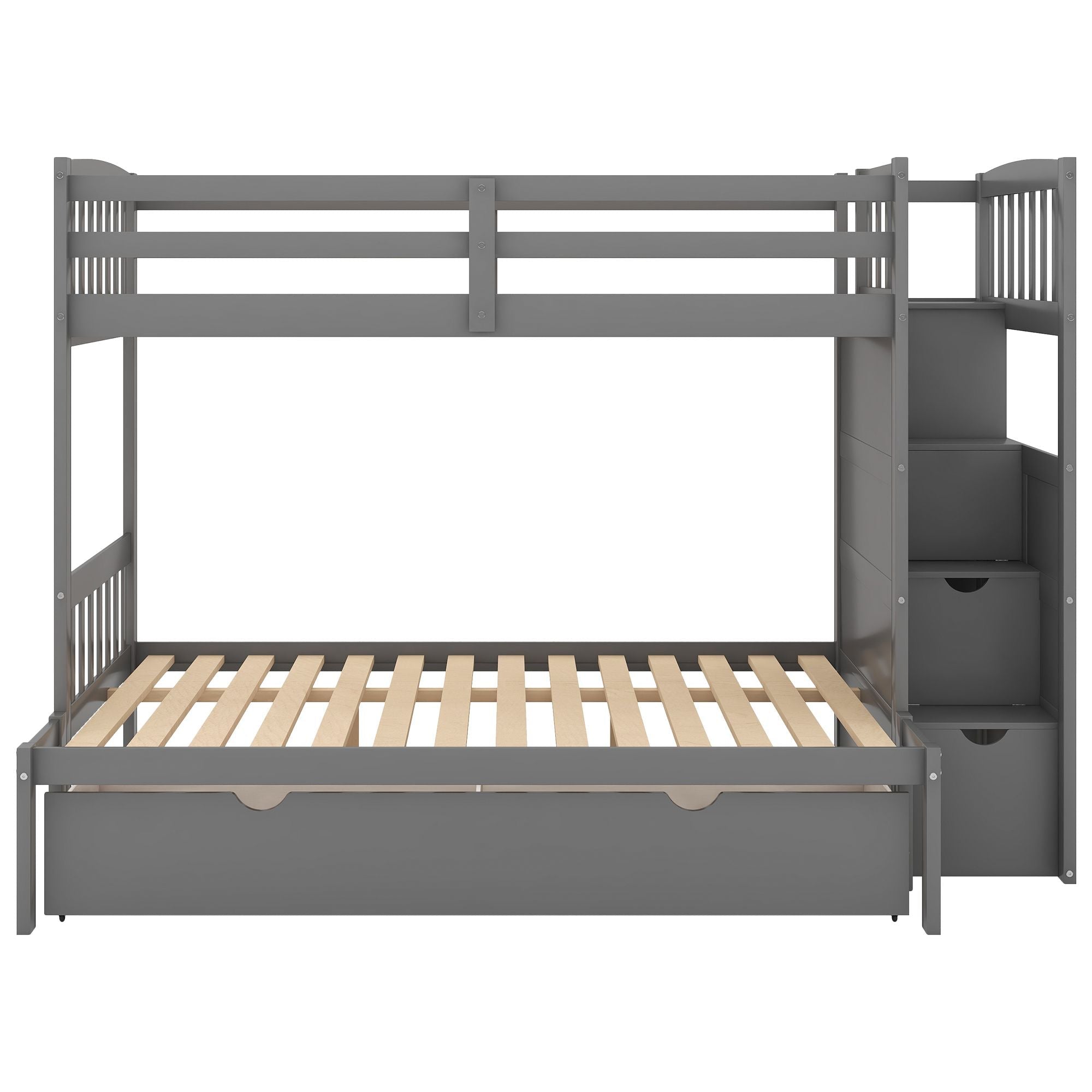 Flexible Twin Over Full/Twin Wood Bunk Bed with Storage Shelves and Drawers, Gray | Just Better Bunk Beds