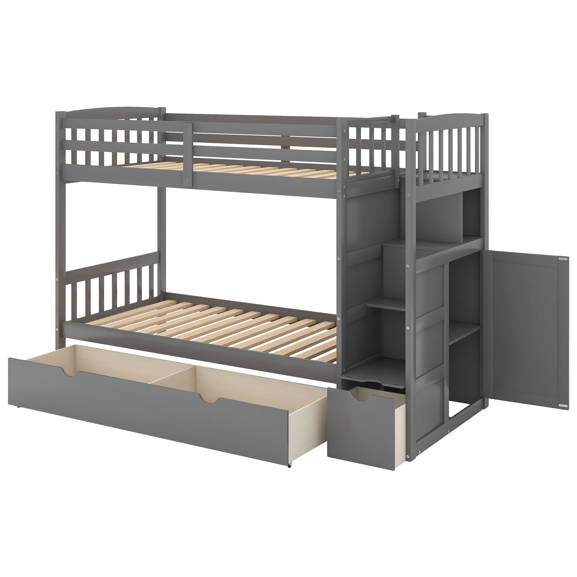 Flexible Twin Over Full/Twin Wood Bunk Bed with Storage Shelves and Drawers, Gray | Just Better Bunk Beds