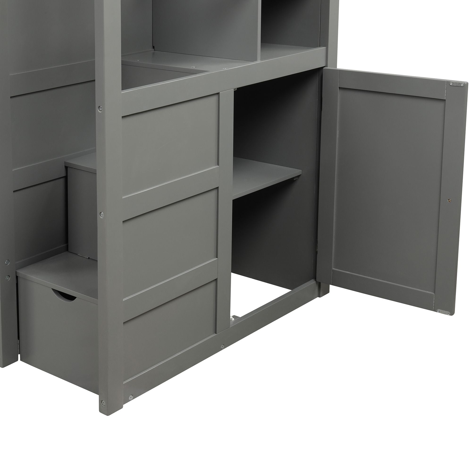 Flexible Twin Over Full/Twin Wood Bunk Bed with Storage Shelves and Drawers, Gray | Just Better Bunk Beds