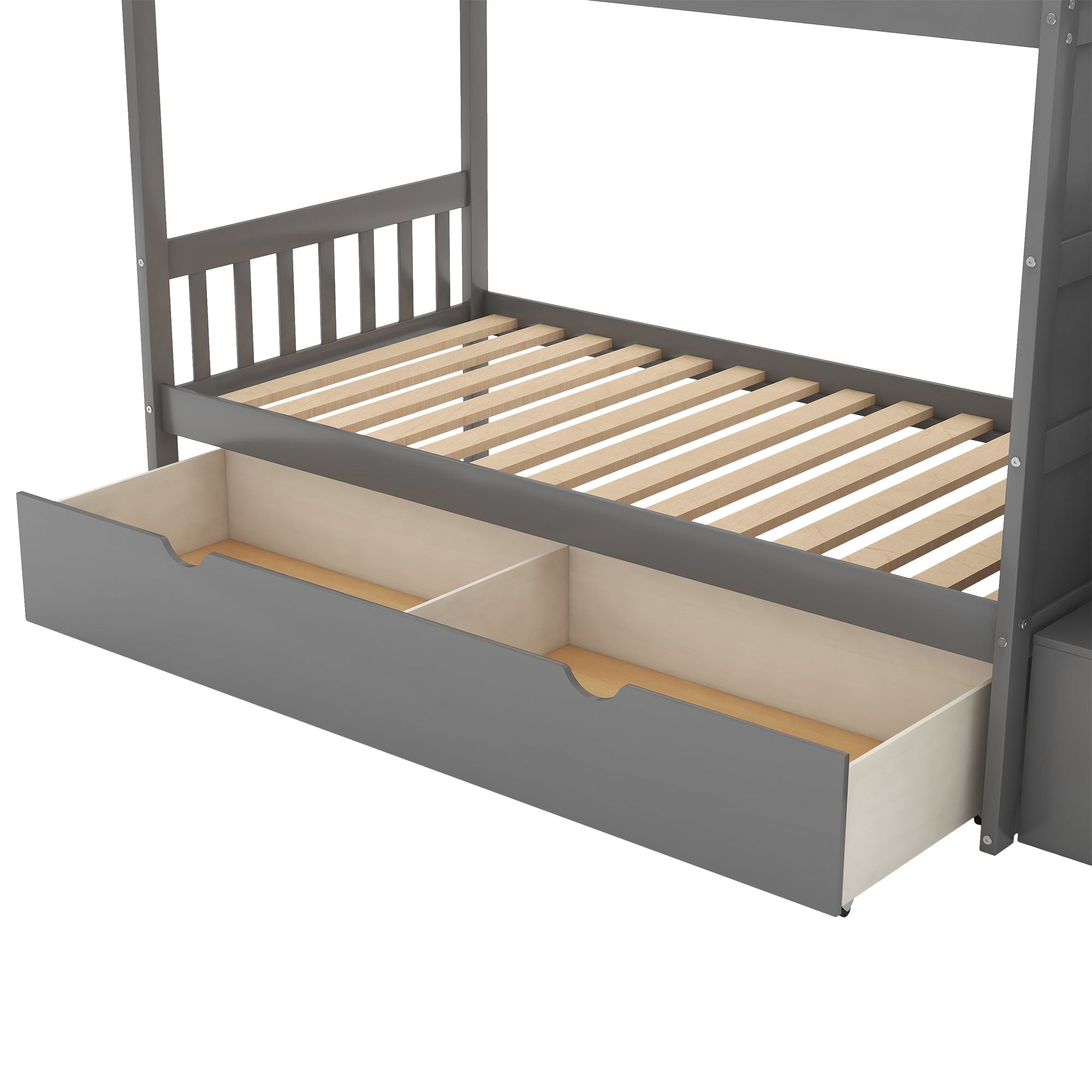 Flexible Twin Over Full/Twin Wood Bunk Bed with Storage Shelves and Drawers, Gray | Just Better Bunk Beds
