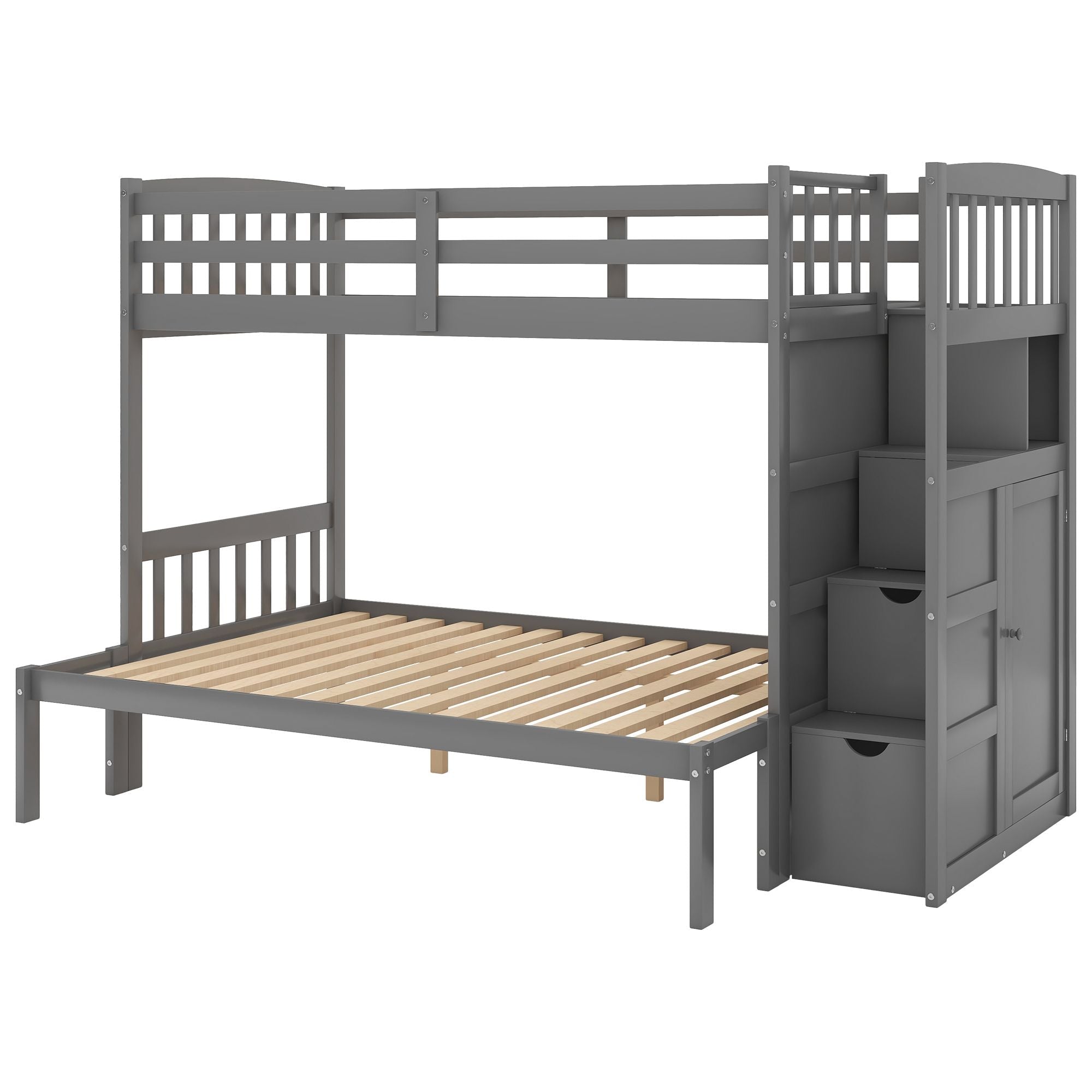 Flexible Twin Over Full/Twin Wood Bunk Bed with Storage Shelves and Drawers, Gray | Just Better Bunk Beds