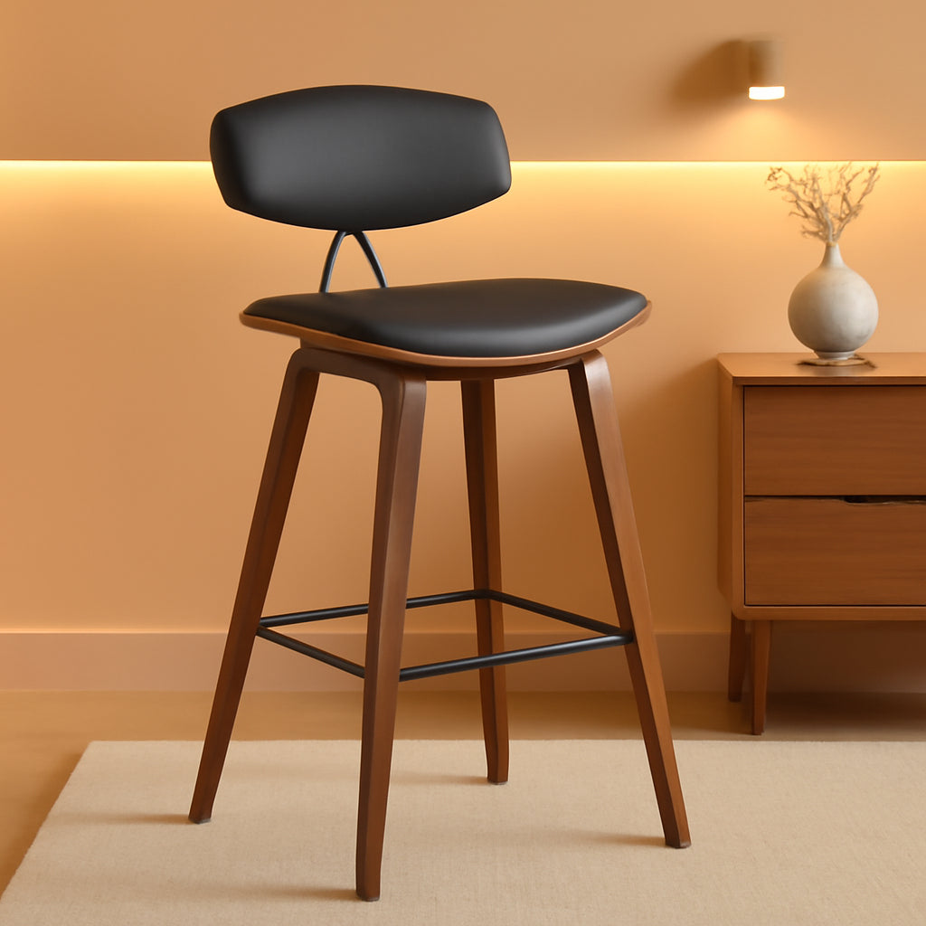 Fox Counter Height Grey Faux Leather Bar Stool Walnut Wood