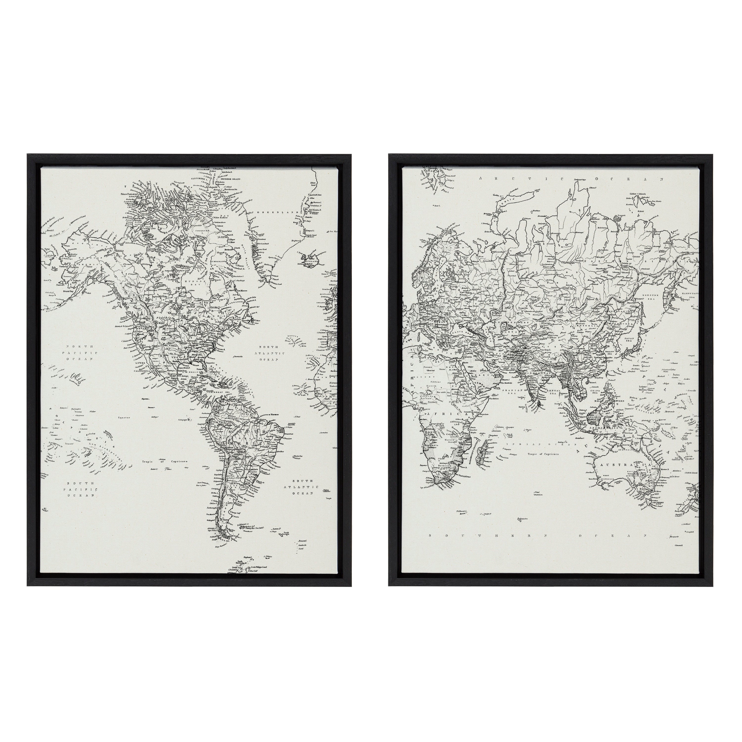 Sylvie Vintage Black and White World Map Framed Canvas Set by The Creative Bunch Studio
