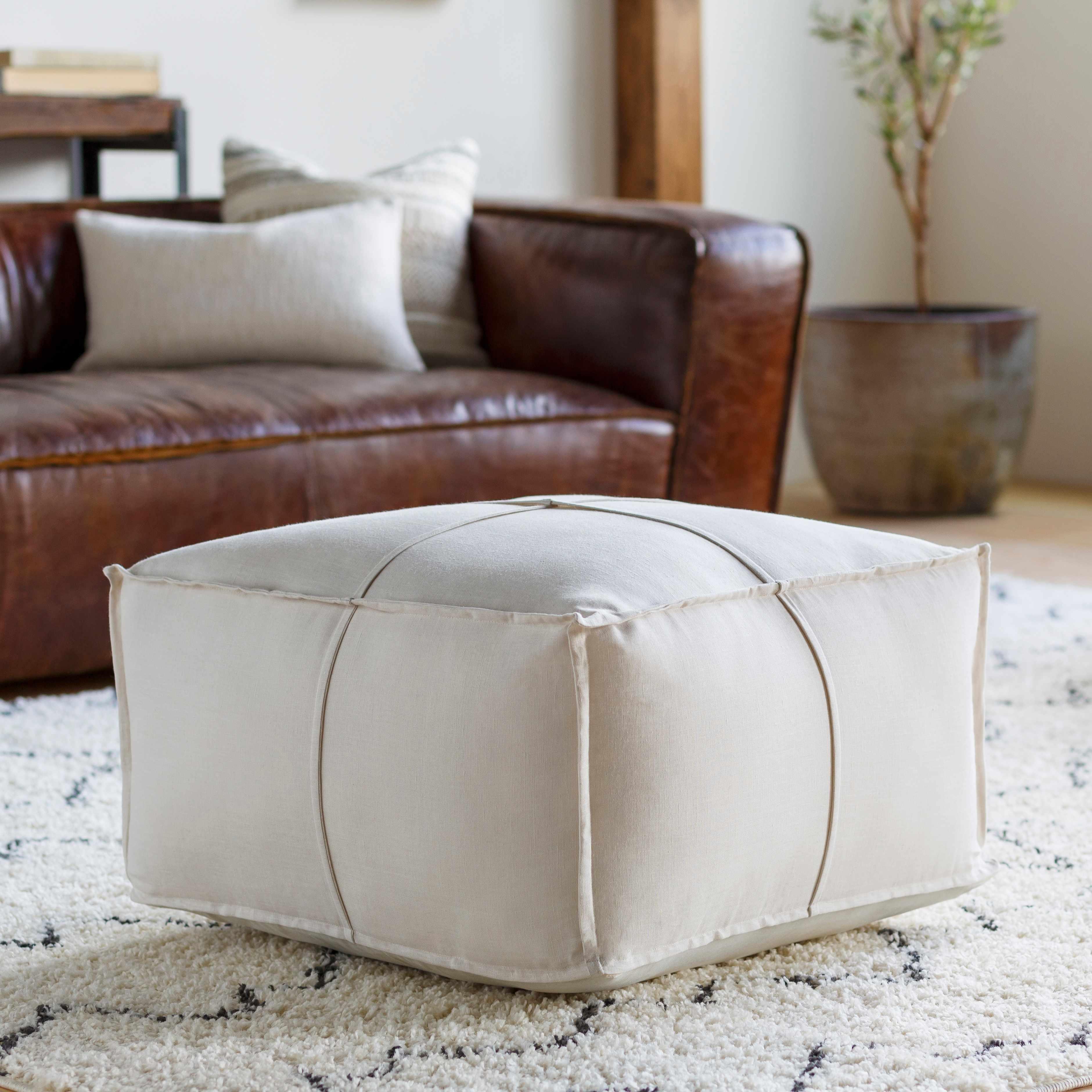 Friendsville Solid & Striped Ivory Pouf - PRHOMZ