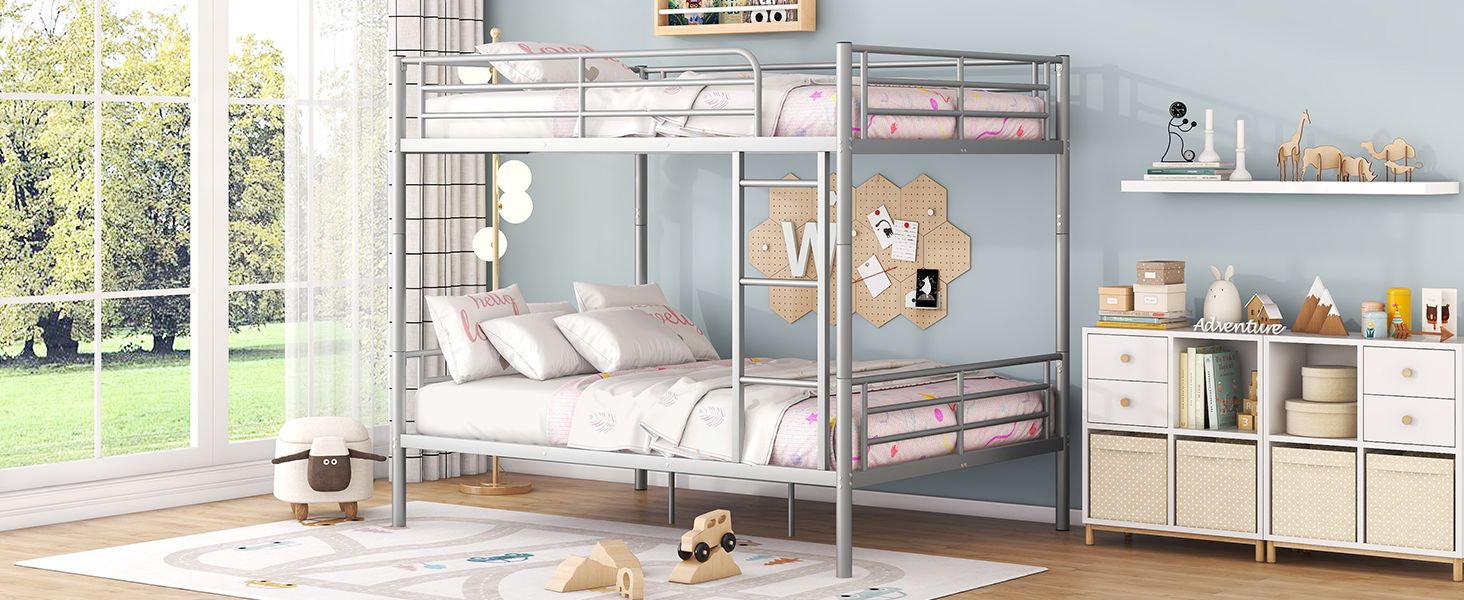 Full Over Full Metal Bunk Bed with Ladder, Durable Iron Frame in Black, White, or Silver | Just Better Bunk Beds