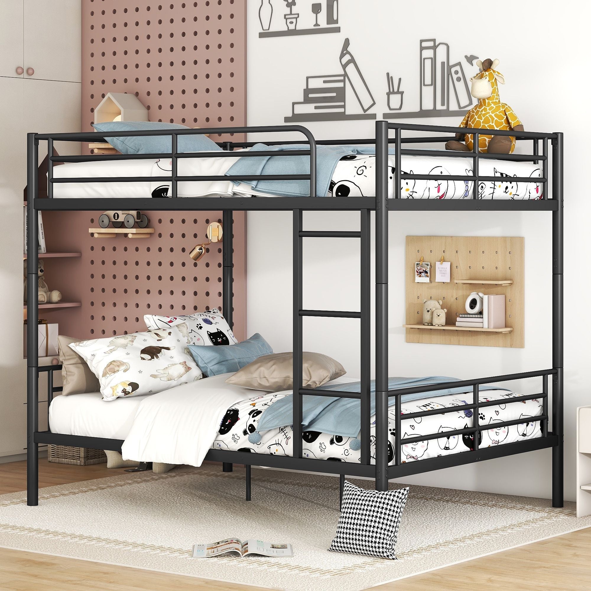 Full Over Full Metal Bunk Bed with Ladder, Durable Iron Frame in Black, White, or Silver | Just Better Bunk Beds