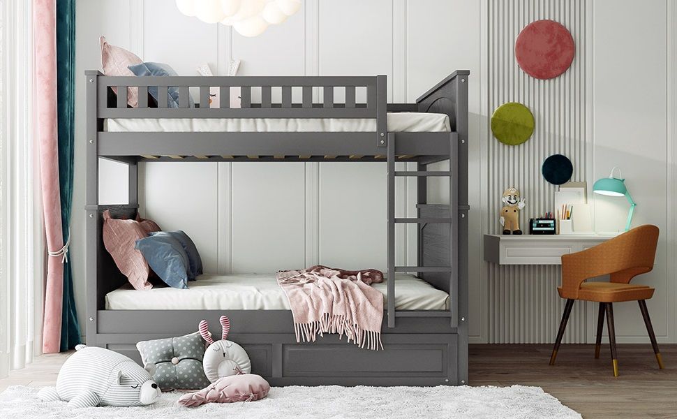 Full Over Full Pine Wood Bunk Bed with Twin Trundle, Guardrails, Brushed Gray | Just Better Bunk Beds
