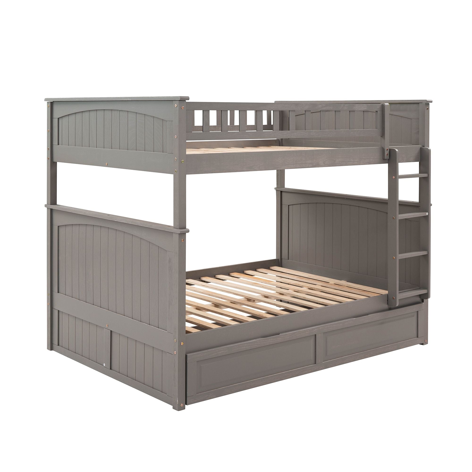 Full Over Full Pine Wood Bunk Bed with Twin Trundle, Guardrails, Brushed Gray | Just Better Bunk Beds